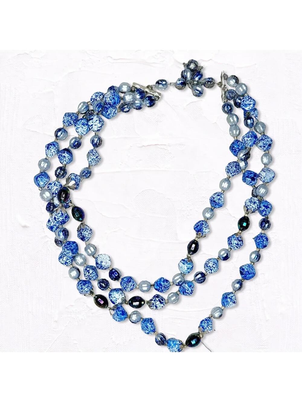 5718gc. Blue Vintage Splatter Multistrand Necklace